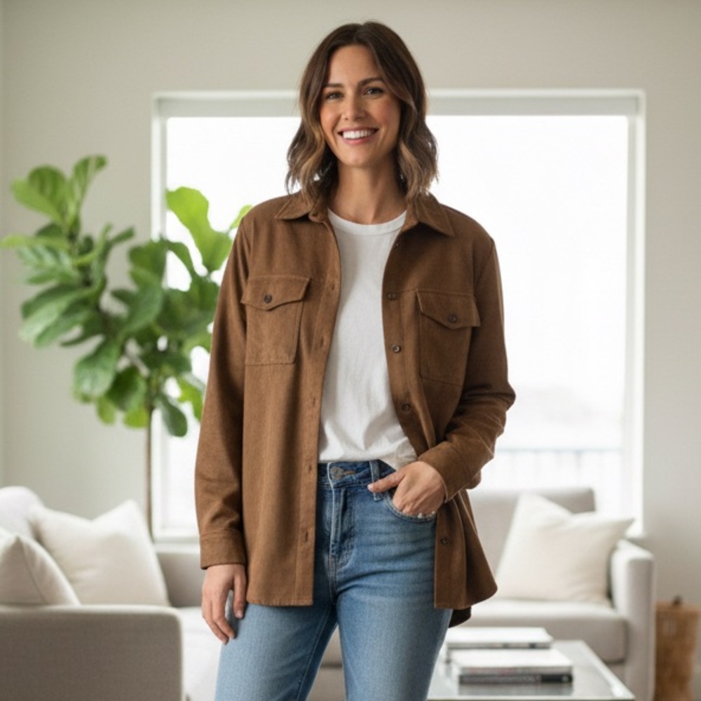 Banana Republic Sz M Faux Suede Brown Button Front Shirt